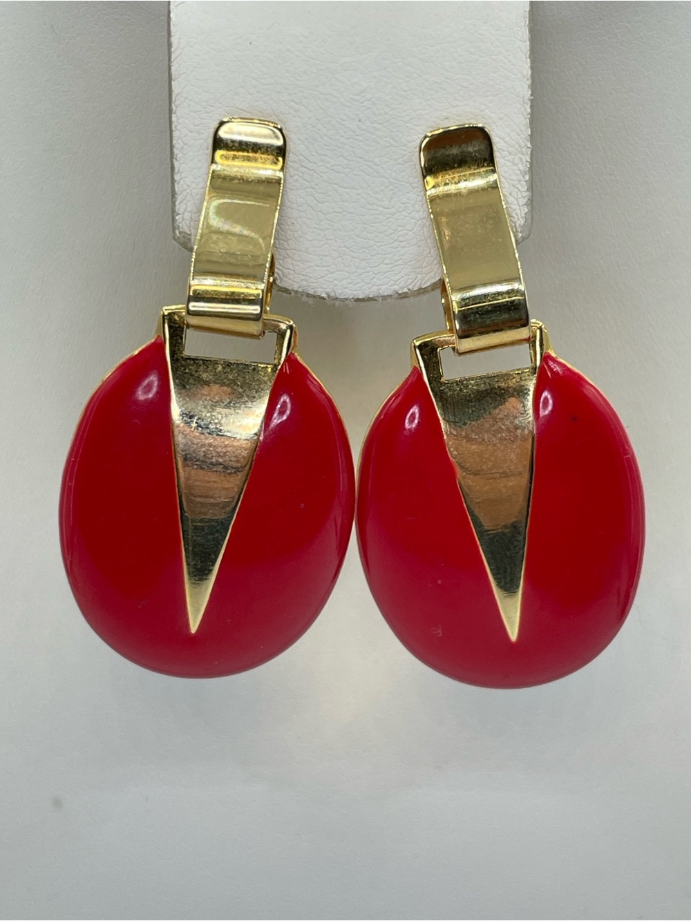 Gold Tone Red Acrylic Statement Dangle Earrings Geometric Retro Modern